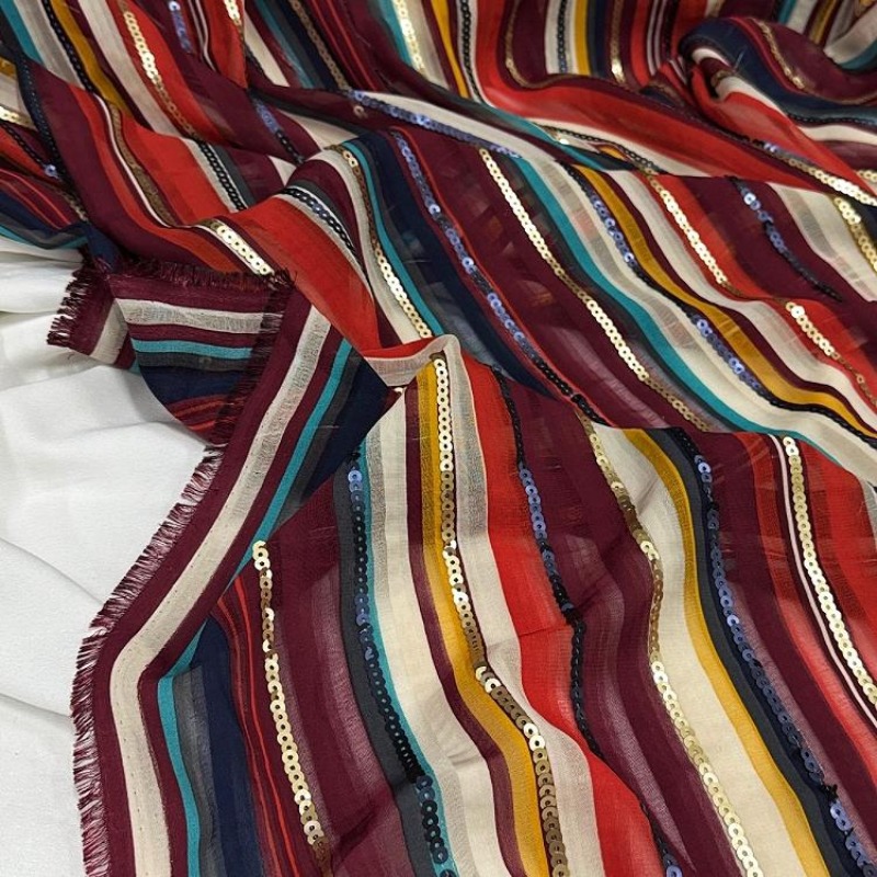 Ethnic Fashion Designers - Kleurrijk gestreept geborduurd paillettenstof Etnische stijl