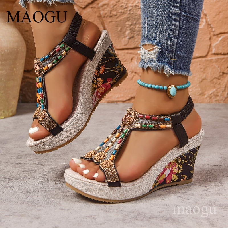 Ethnic Fashion Women - Boho sandalen met kralen en bloemenprint