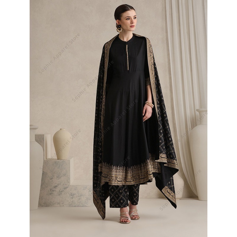 Salwar Kameez Set - Elegante zwarte Indiase Salwar Kameez Dupatta